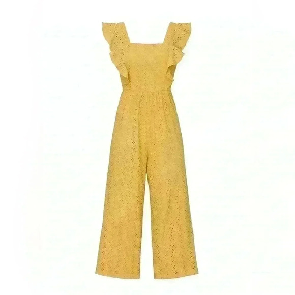 MINKPINK size small yellow embroidered floral jumpsuit with ruffles and pockets - Picture 5 of 9